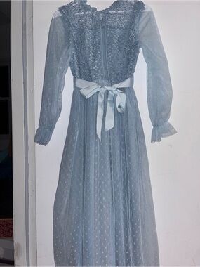 Blue Lace & Dot Maxi Dress with Ribbon Tie